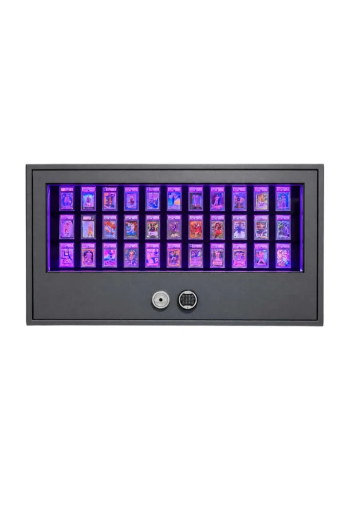 Crystal Fortress Series display safe holding graded trading cards behind armored glass with purple LED lighting
