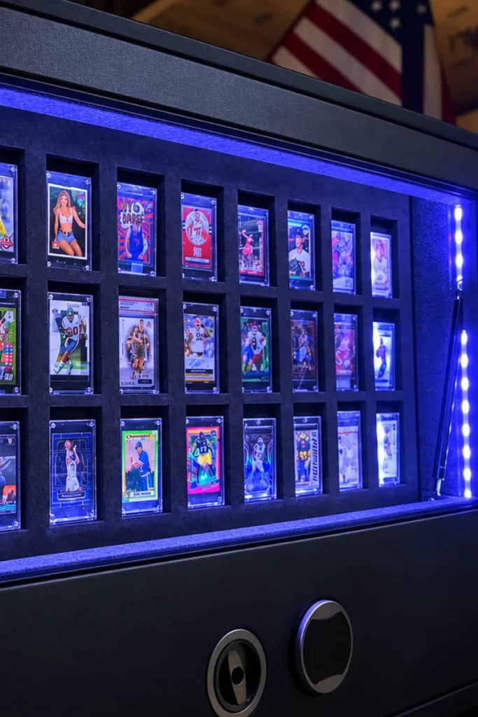 Crystal Fortress Series trading card vault with blue LED lighting and slabbed sports cards